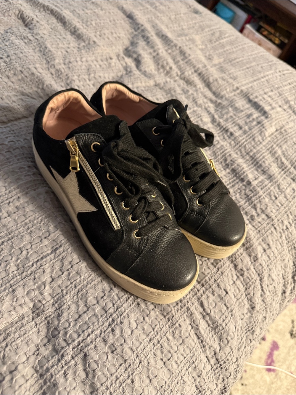 Sole Bliss Women’s Black Leather & Suede Casual Sneakers with Gold Accents